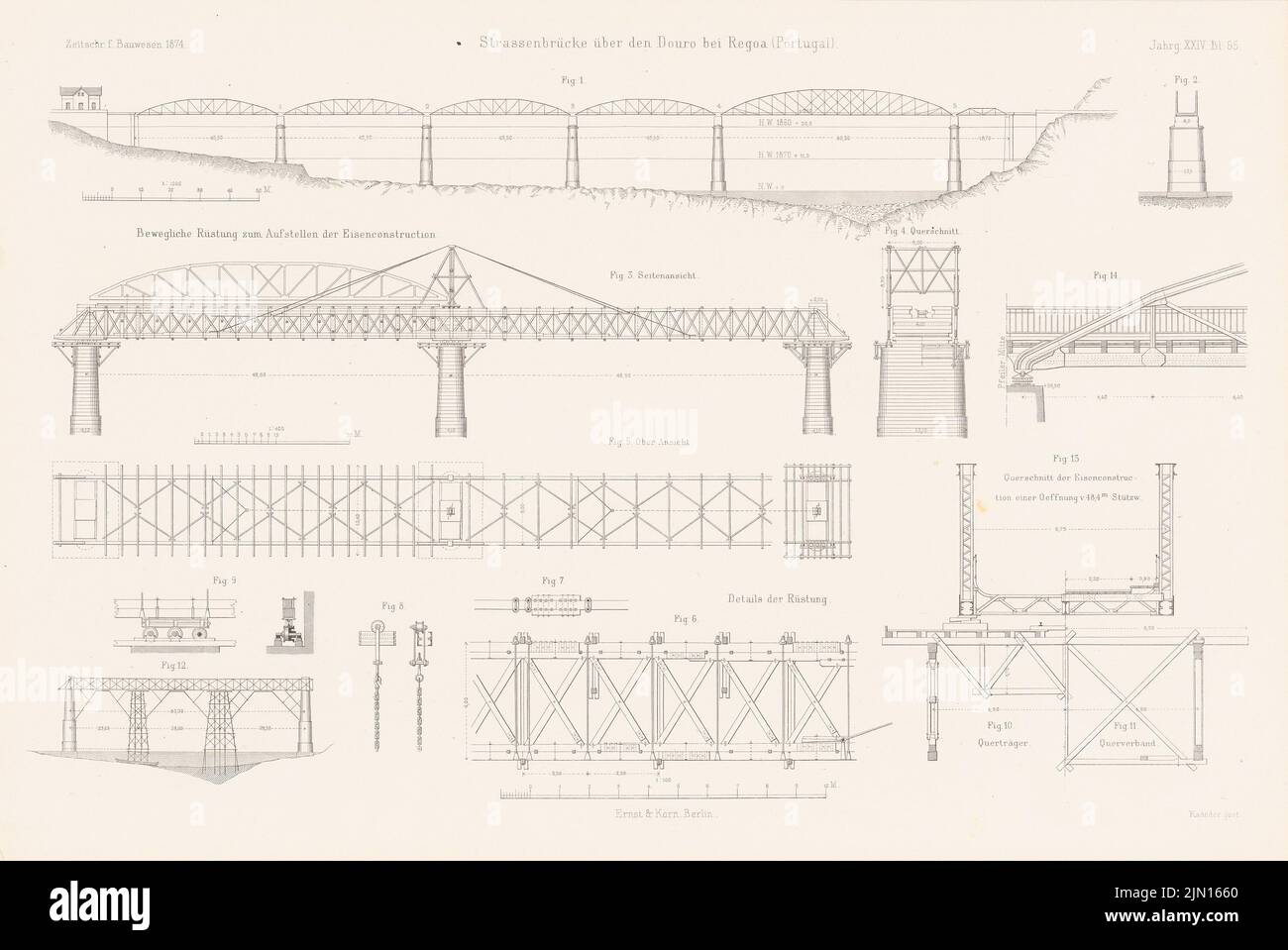 N.N., Ponte della strada sul Duoro, Regoa. (Da: Atlas alla rivista for Building, ed. V. G. Erbkam, Jg. 24, 1874.) (1874-1874): piantine, viste, dettagli. Cucire su carta, 28,9 x 43,2 cm (compresi i bordi di scansione) N. : Straßenbrücke über den Duoro, Regoa. (Aus: Atlas zur Zeitschrift für Bauwesen, hrsg. v. G. Erbkam, Jg. 24, 1874) Foto Stock