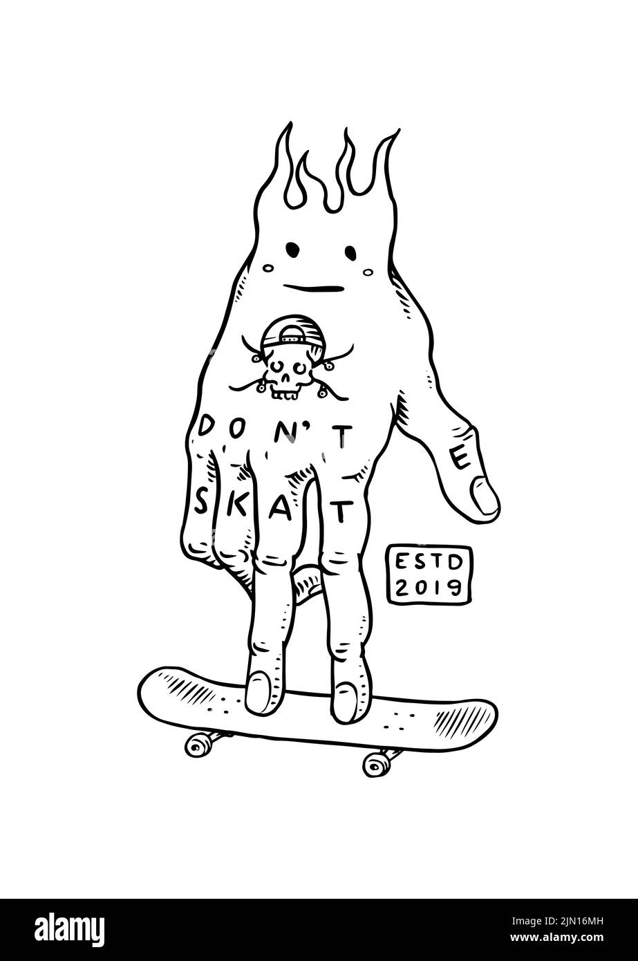 Tastiera. Personaggio della mano ardente. Etichetta skateboard per tipografia. Fuoco vintage. Concetto di giro retrò sulle tavole. Modello per t-shirt e logo Illustrazione Vettoriale