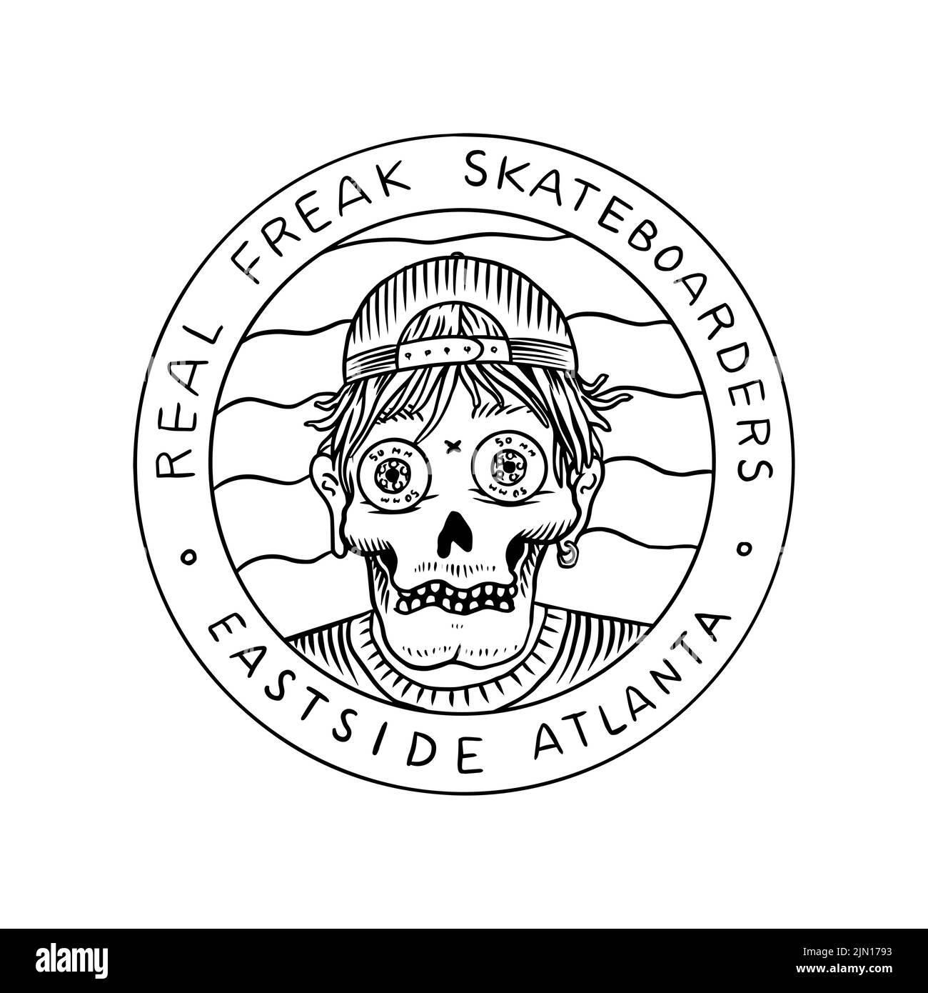 L'uomo scheletro ride sulle tavole. Emblema per negozio di skateboard. Cranio in un cappuccio. Etichetta retrò vintage e badge per t-shirt e tipografia. Disegnato a mano Illustrazione Vettoriale