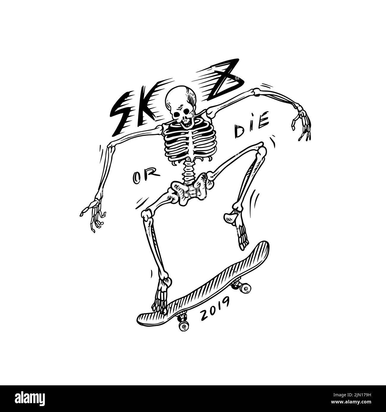 L'uomo scheletro ride sulle tavole. Emblema per negozio di skateboard. Testa e cranio Fiery. Etichetta retrò vintage e badge per t-shirt e tipografia. Disegnato a mano Illustrazione Vettoriale