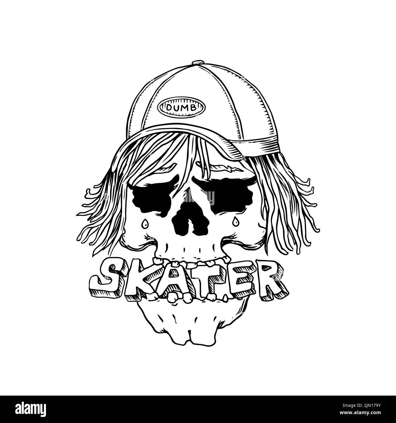 L'uomo scheletro ride sulle tavole. Emblema per negozio di skateboard. Cranio in un cappuccio. Etichetta retrò vintage e badge per t-shirt e tipografia. Disegnato a mano Illustrazione Vettoriale
