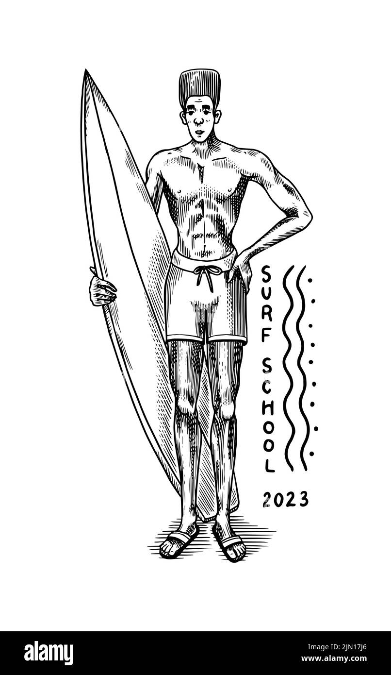 Uomo afro-americano con surf. Cartello Summer Surf. Vintage California Card. Emblema inciso a mano. Illustrazione Vettoriale