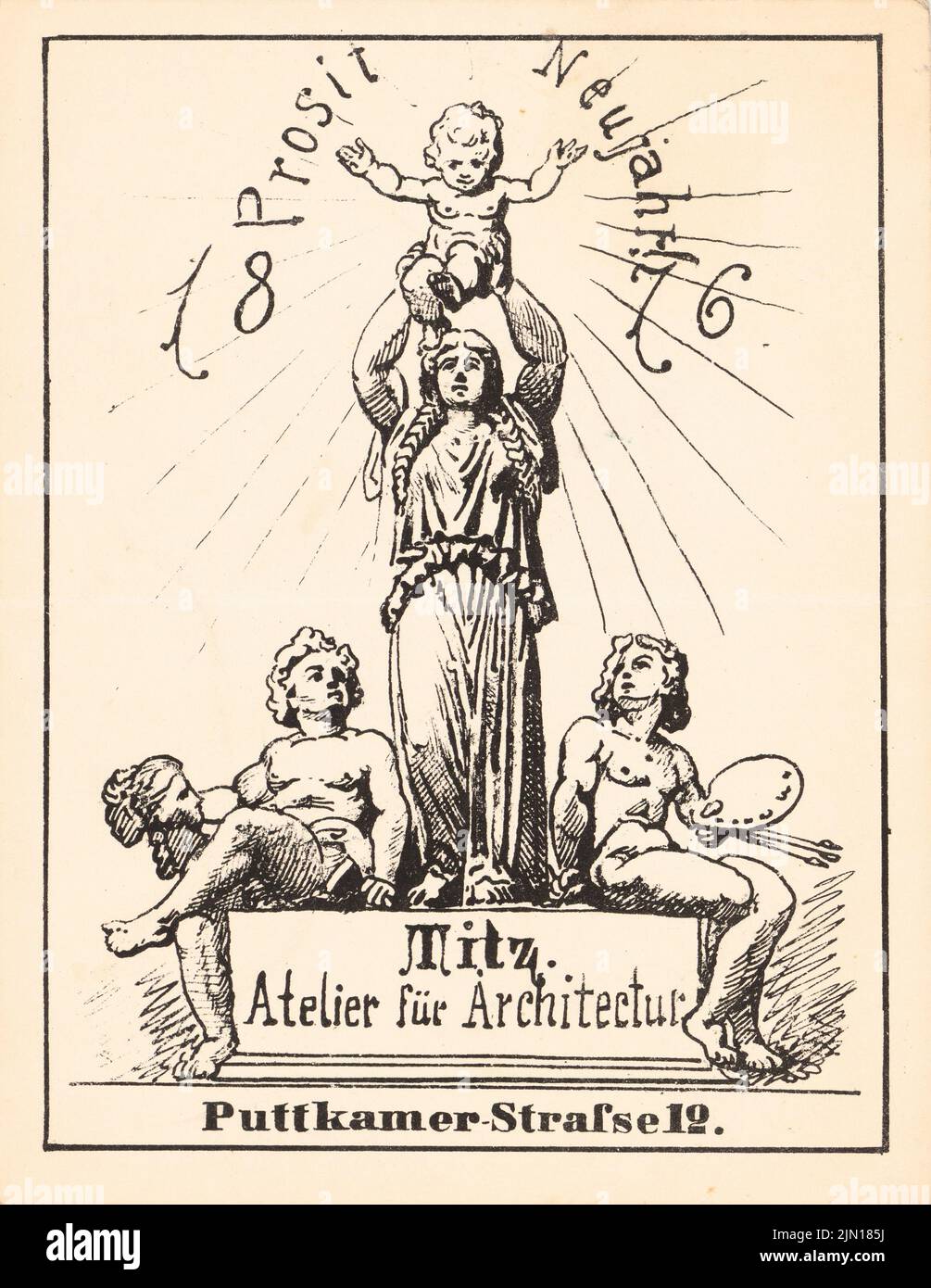 Titz Atelier für Architectur, le congratulazioni di Capodanno Mappa 1876 (1876-1876): Una donna che tiene un neonato, le arti sulle pagine. Pressione su cartone, 18,5 x 14,3 cm (compresi i bordi di scansione) Titz Atelier für Architectur : Neujahr Glückwunsch Karte 1876 Foto Stock