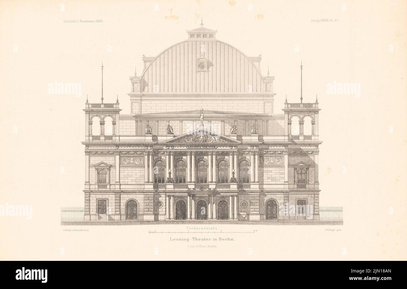 Hude & Hennicke, Lessing-Theatre, Berlino. (Da: Atlas alla rivista for Building, ed. V. Ministero del lavoro pubblico, Jg. 39, 1889) (1889-1889): vista frontale. Cucire su carta, 29,1 x 45,3 cm (compresi i bordi di scansione) Hude & Hennicke : Lessing-Theatre, Berlino. (Aus: Atlas zur Zeitschrift für Bauwesen, hrsg. v. Ministerium der öffentlichen Arbeiten, Jg. 39, 1889) Foto Stock