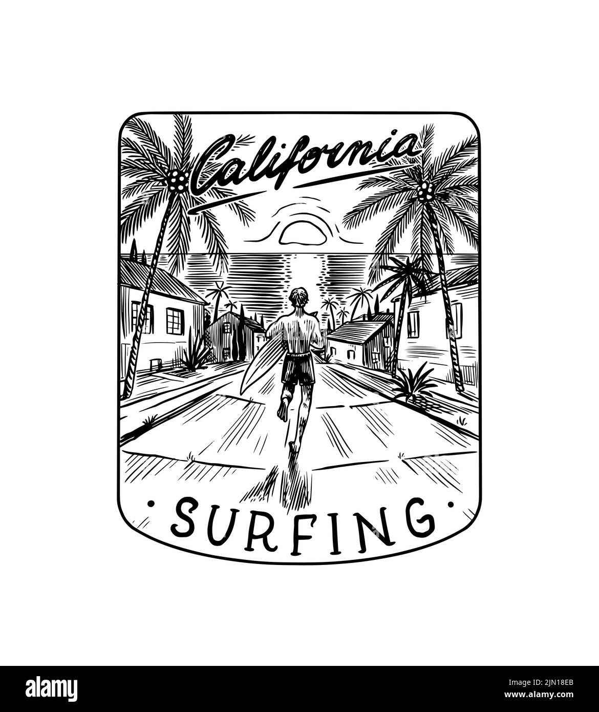 Paesaggio tropicale marino con tavole da surf sullo sfondo di tramonti e palme. Badge surf. Retro Wave. Logo vintage. Estate California Illustrazione Vettoriale