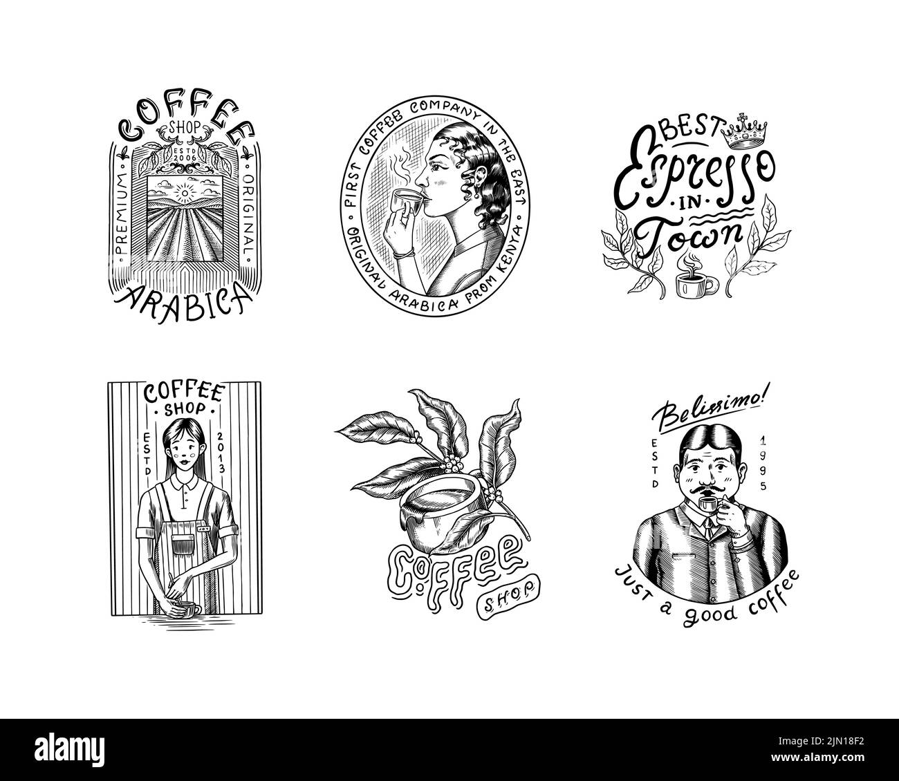 Set di caffè in stile vintage. Donna e uomo con una tazza di bevanda. Badge o logo vintage per t-shirt, tipografia, negozio o cartelloni. Fagioli e. Illustrazione Vettoriale