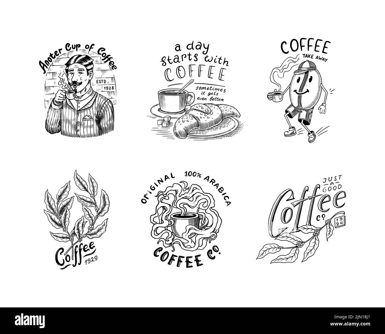 Set di caffè in stile vintage. Donna e uomo con una tazza di bevanda. Badge o logo vintage per t-shirt, tipografia, negozio o cartelloni. Fagioli e. Illustrazione Vettoriale