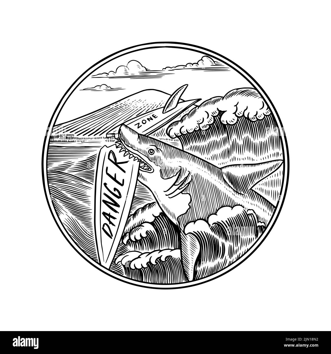 Lo squalo attacca la tavola da surf in mare. Avviso di pericolo per l'oceano. Rischiare la vita. Emblema delle onde nautiche. Cartello Summer Surf. Carta California. Emblema vintage inciso Illustrazione Vettoriale