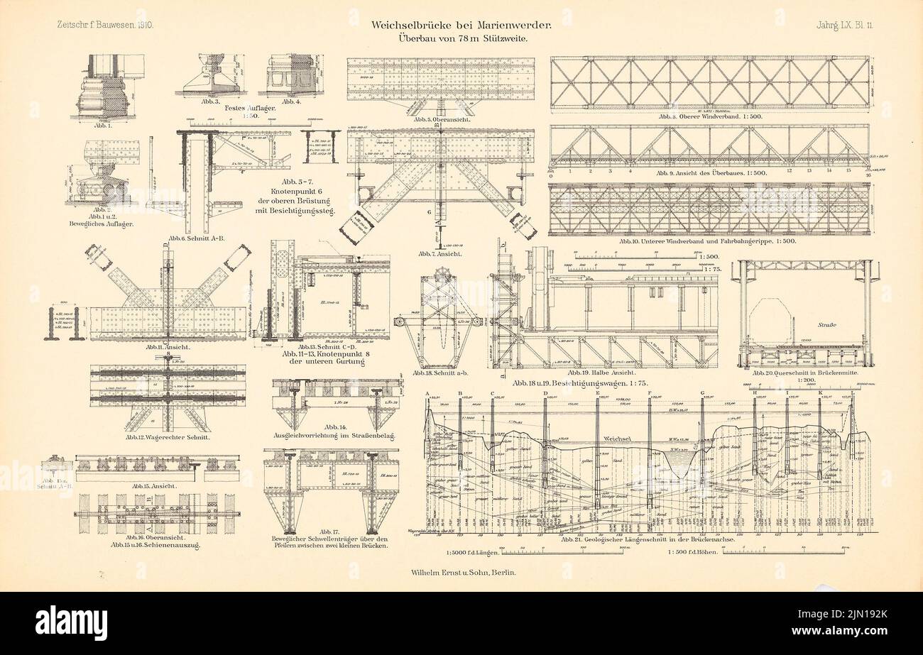 N.N., Weichselbrücke, Marienwerder. (Da: Atlas alla rivista for Building, ed. V. Ministero del lavoro pubblico, Jg. 60, 1910) (1910-1910): Dettagli sovrastruttura. Pressione su carta, 29,6 x 46,2 cm (compresi i bordi di scansione) N. : Weichselbrücke, Marienwerder. (Aus: Atlas zur Zeitschrift für Bauwesen, hrsg. v. Ministerium der öffentlichen Arbeiten, Jg. 60, 1910) Foto Stock