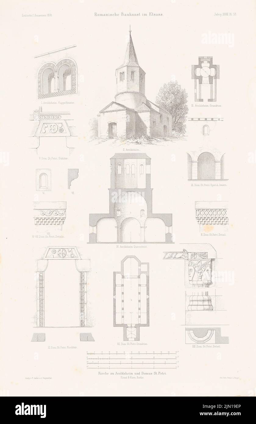 N.N., Chiesa, Avolsheim. Chiesa di San Pietro, Strasburgo. (Da: Atlas alla rivista for Building, ed. V. G. Erbkam, Jg. 28, 1878) (1878-1878): Pianta del pavimento, vista prospettica, sezione trasversale, dettagli Avolsheim, pianta del pavimento, Dettagli Strasburgo. Cucire su carta, 45,5 x 29,4 cm (compresi i bordi di scansione) Adler Friedrich (1827-1908): Kirche, Avolsheim. San Pietro Kirche, Straßburg. (Aus: Atlas zur Zeitschrift für Bauwesen, hrsg. v. G. Erbkam, Jg. 28, 1878) Foto Stock