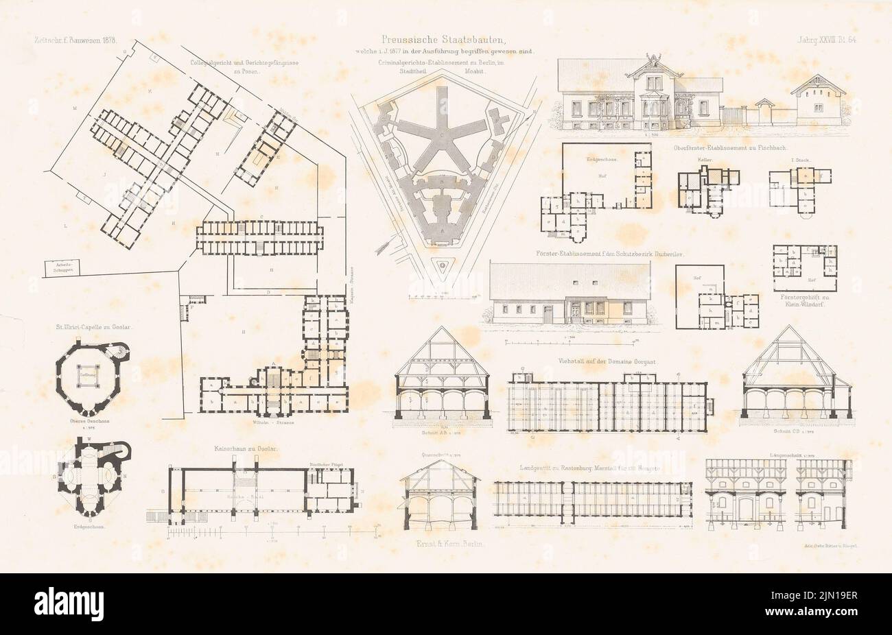 N.N., Tribunale penale ed esigente carcere, Berlin-Moabit. Försteretablissement, Fischbach, Dudweiler. Kaiserpfalz, Goslar. (Da: Atlas per la rivista (1878-1878): Pianta del sito, planimetrie, viste, tagli. Pressione sulla carta, 29 x 45,1 cm (incl Scansione bordi) N. : Kriminalgericht und Untersuchungsgefängnis, Berlin-Moabit. Försteretablissement, Fischbach, Dudweiler. Kaiserpfalz, Goslar. (Aus: Atlas zur Zeitschrift für Bauwesen, hrsg. v. F. Endell, Jg. 28, 1878) Foto Stock