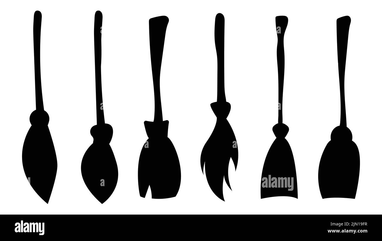 Set di silhouette di scopa per streghe. Collezione di oggetti per la festa di Halloween. Illustrazione vettoriale. Illustrazione Vettoriale