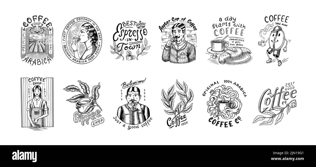 Set di caffè in stile vintage. Donna e uomo con una tazza di bevanda. Badge o logo vintage per t-shirt, tipografia, negozio o cartelloni. Fagioli e. Illustrazione Vettoriale