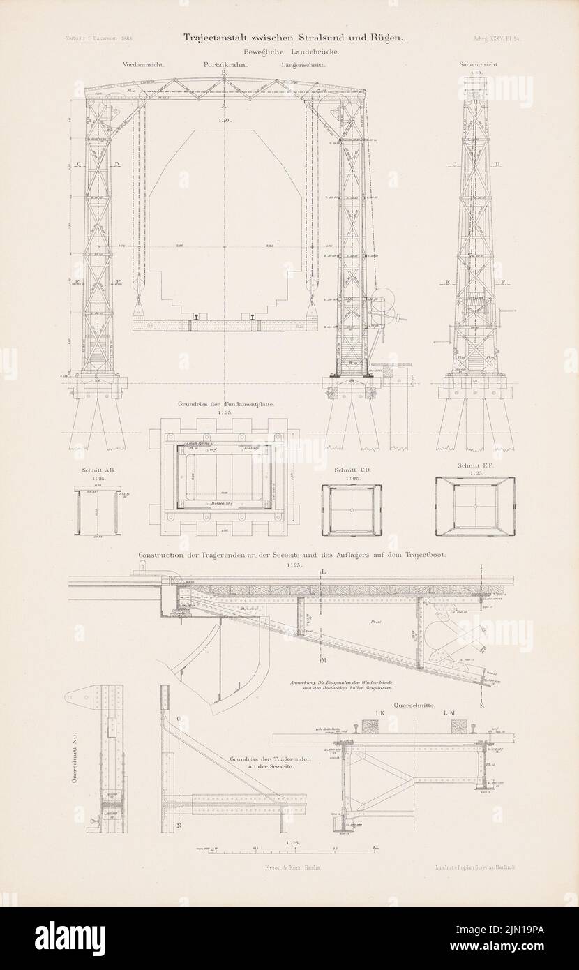 N.N., Trajektanstalt tra Stralsund e Rügen. (Da: Atlas alla rivista for Building, ed. V.F. Endell, Jg. 35, 1885.) (1885-1885): Dettagli. Litografia su carta, 45,8 x 29,2 cm (compresi i bordi di scansione) N. : Trajektanstalt zwischen Stralsund Rügen. (Aus: Atlas zur Zeitschrift für Bauwesen, hrsg. v. F. Endell, Jg. 35, 1885) Foto Stock