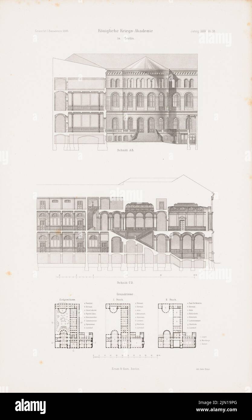 N.N., Royal War Academy, Berlino. (Da: Atlas alla rivista for Building, ed. V.F. Endell, Jg. 35, 1885.) (1885-1885): Grundriss EG, 1.o, 2nd piano, taglio, CD. Pressione su carta, 45,6 x 29,3 cm (compresi i bordi di scansione) Schwechten Franz (1841-1924): Königliche Kriegsakademie, Berlino. (Aus: Atlas zur Zeitschrift für Bauwesen, hrsg. v. F. Endell, Jg. 35, 1885) Foto Stock