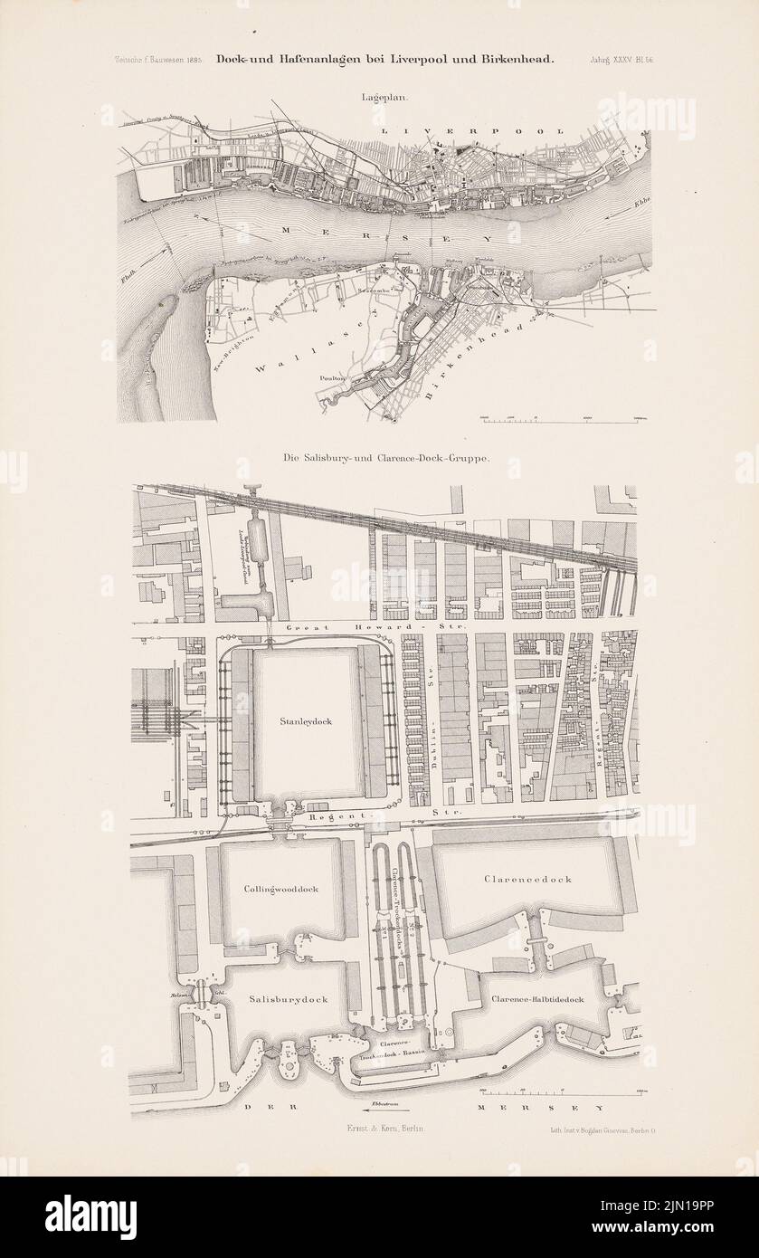 N.N., sistemi Dock a Liverpool e Birkenhead. (Da: Atlas alla rivista for Building, ed. V.F. Endell, Jg. 35, 1885.) (1885-1885): pianta del sito, pianta. Litografia su carta, 45,7 x 29,5 cm (compresi i bordi di scansione) N. : Dockanlagen, Liverpool e Birkenhead. (Aus: Atlas zur Zeitschrift für Bauwesen, hrsg. v. F. Endell, Jg. 35, 1885) Foto Stock