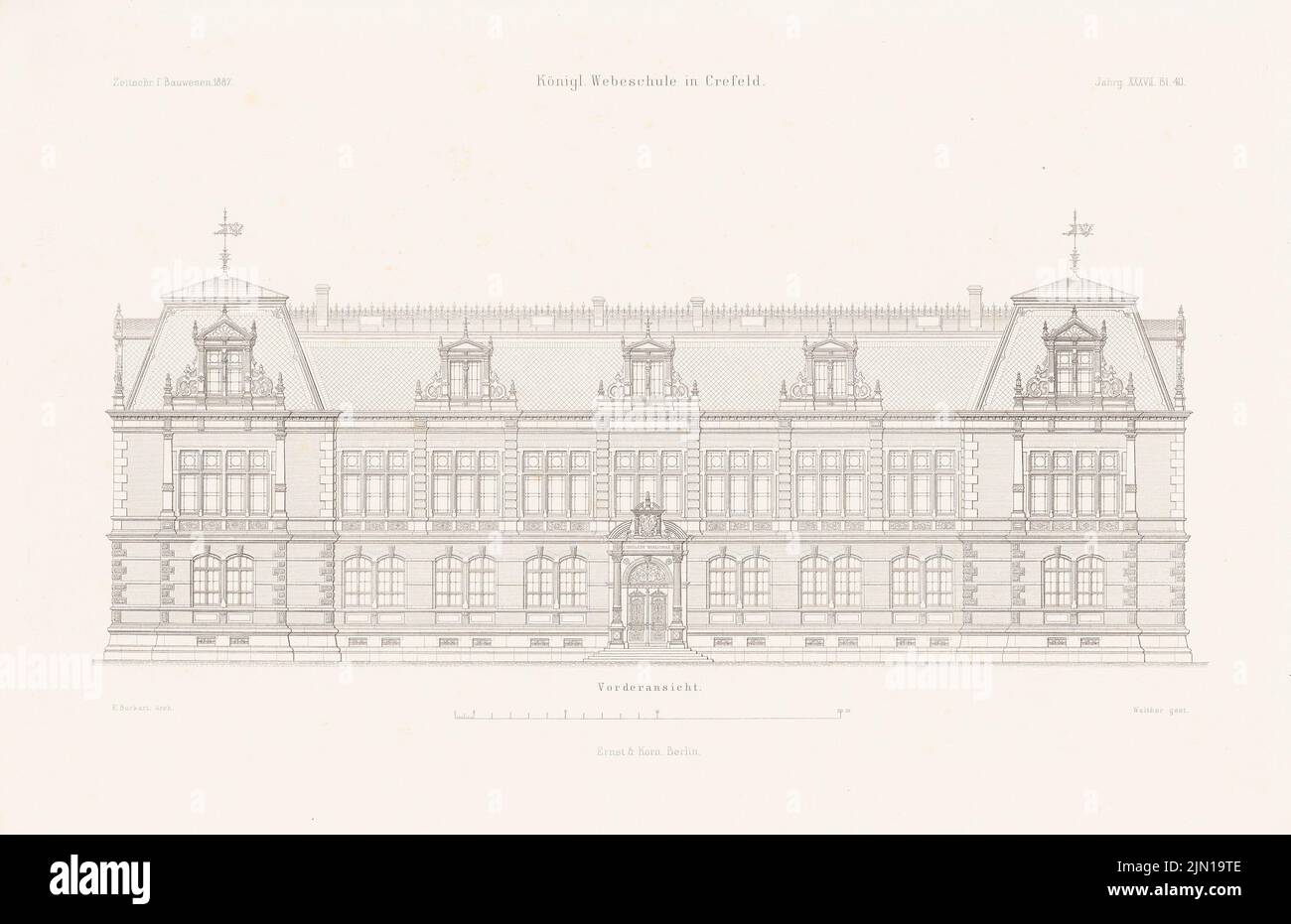 Burkart F., Royal website, Krefeld. (Da: Atlas alla rivista for Building, ed. V.F. Endell, Jg. 37, 1887) (1887-1887): vista frontale. Cucire su carta, 29,6 x 45,7 cm (compresi i bordi di scansione) Burkart F. : Königliche Webeschule, Krefeld. (Aus: Atlas zur Zeitschrift für Bauwesen, hrsg. v. F. Endell, Jg. 37, 1887) Foto Stock