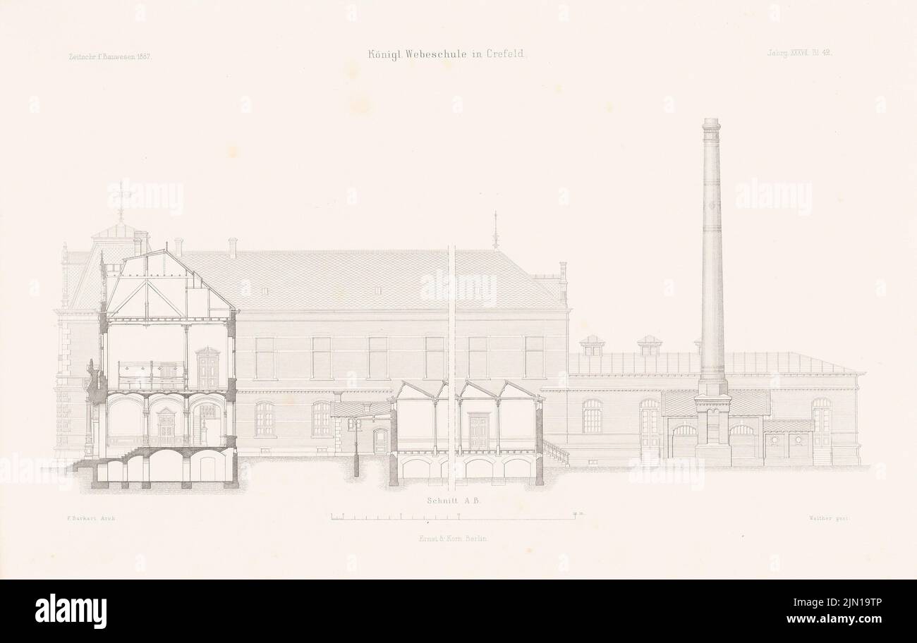 Burkart F., Royal website, Krefeld. (Da: Atlas alla rivista for Building, ed. V.F. Endell, Jg. 37, 1887) (1887-1887): Taglio. Cucire su carta, 28,8 x 45,5 cm (compresi i bordi di scansione) Burkart F. : Königliche Webeschule, Krefeld. (Aus: Atlas zur Zeitschrift für Bauwesen, hrsg. v. F. Endell, Jg. 37, 1887) Foto Stock