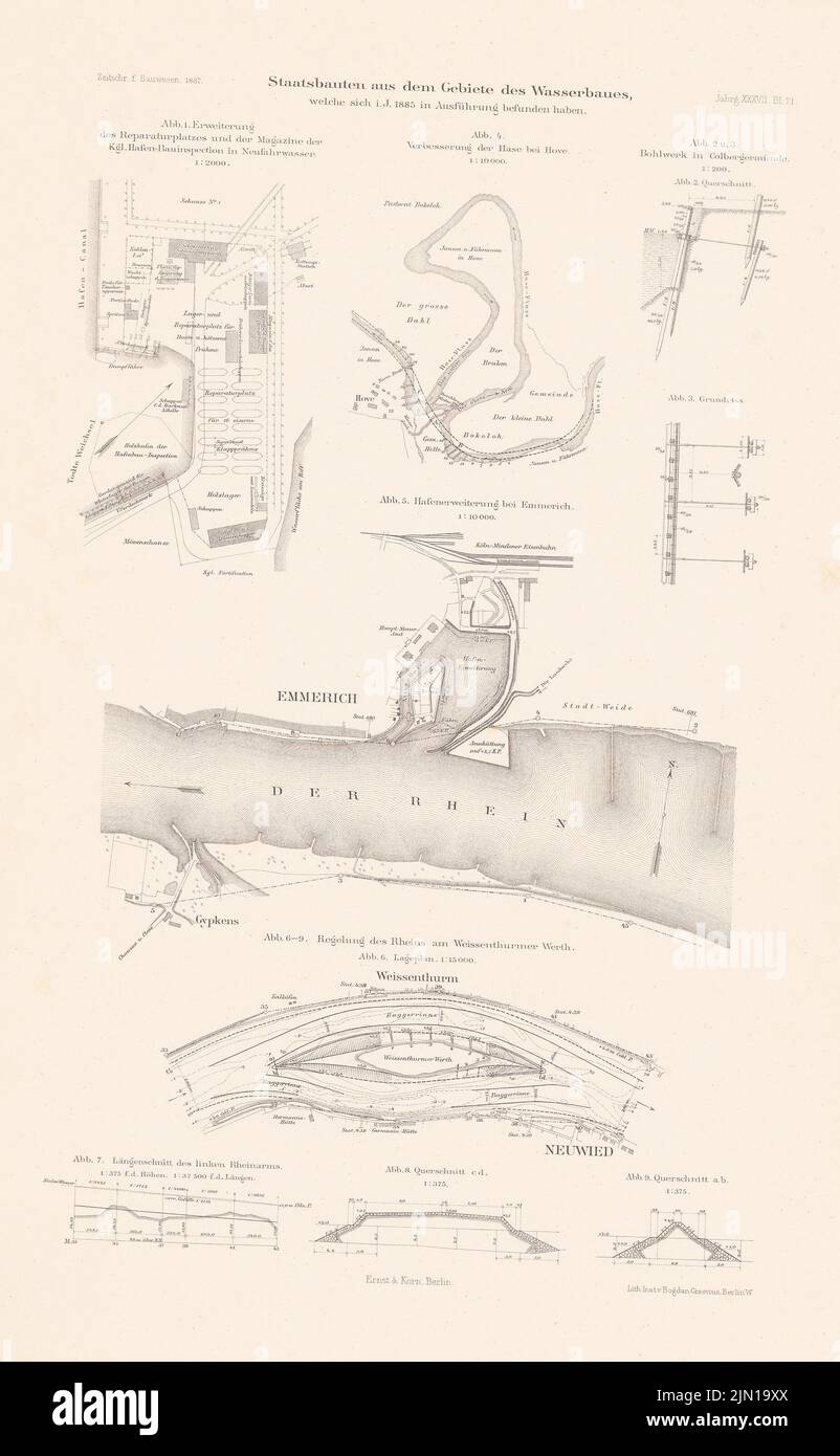 N.N., edifici statali del settore edilizio. (Da: Atlas alla rivista for Building, ed. V.F. Endell, Jg. 37, 1887) (1887-1887): Piani del sito, tagli, dettagli. Litografia su carta, 45,1 x 27,9 cm (compresi i bordi di scansione) N. : Staatsbauten aus dem Gebiete des Wasserbaus. (Aus: Atlas zur Zeitschrift für Bauwesen, hrsg. v. F. Endell, Jg. 37, 1887) Foto Stock