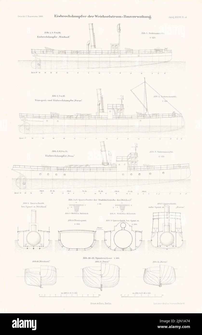 N.N., vaporizzatore Eisbrech della Vistula Strom Construction Management. (Da: Atlas alla rivista for Building, ed. V. G. Erbkam, Jg. 38, 1888) (1888-1888): Viste, tagli. Litografia su carta, 46 x 29,7 cm (compresi i bordi di scansione) N. : Eisbrechdampfer der Weichselstrom-Bauverwaltung. (Aus: Atlas zur Zeitschrift für Bauwesen, hrsg. v. G. Erbkam, Jg. 38, 1888) Foto Stock