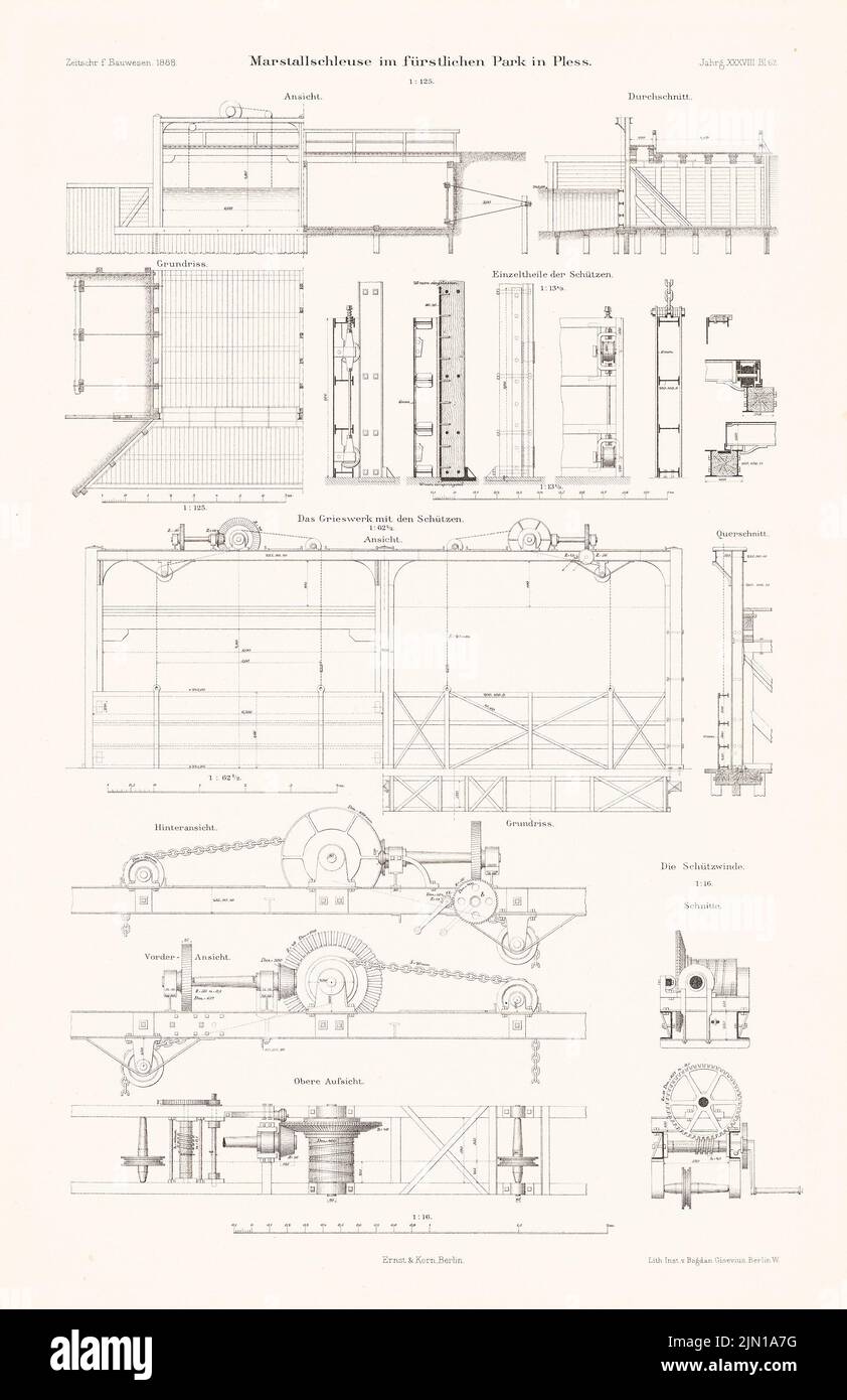 N.N., Marstallschleuse nel Parco Princely, Pless. (Da: Atlas alla rivista for Building, ed. V. G. Erbkam, Jg. 38, 1888) (1888-1888): pianta, vista, tagli, dettagli. Litografia su carta, 45,9 x 29,7 cm (compresi i bordi di scansione) N. : Marstallschleuse im fürstlichen Park, Pless. (Aus: Atlas zur Zeitschrift für Bauwesen, hrsg. v. G. Erbkam, Jg. 38, 1888) Foto Stock