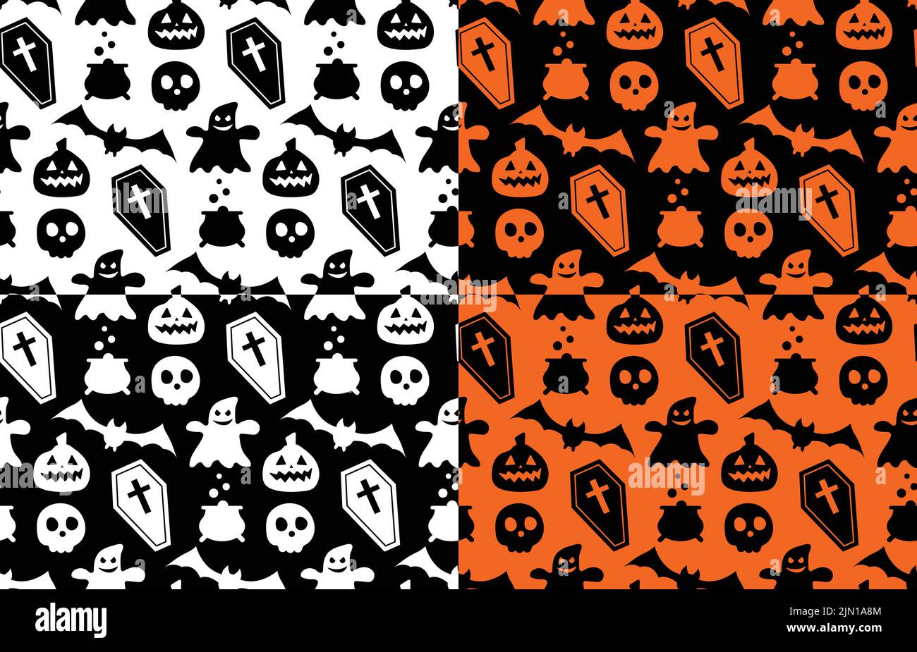 Ripetizione senza giunture con simboli di Halloween. Design di silhouette per la festa di Halloween. Per cartolina, tessuto, banner, modello, confezione Illustrazione Vettoriale