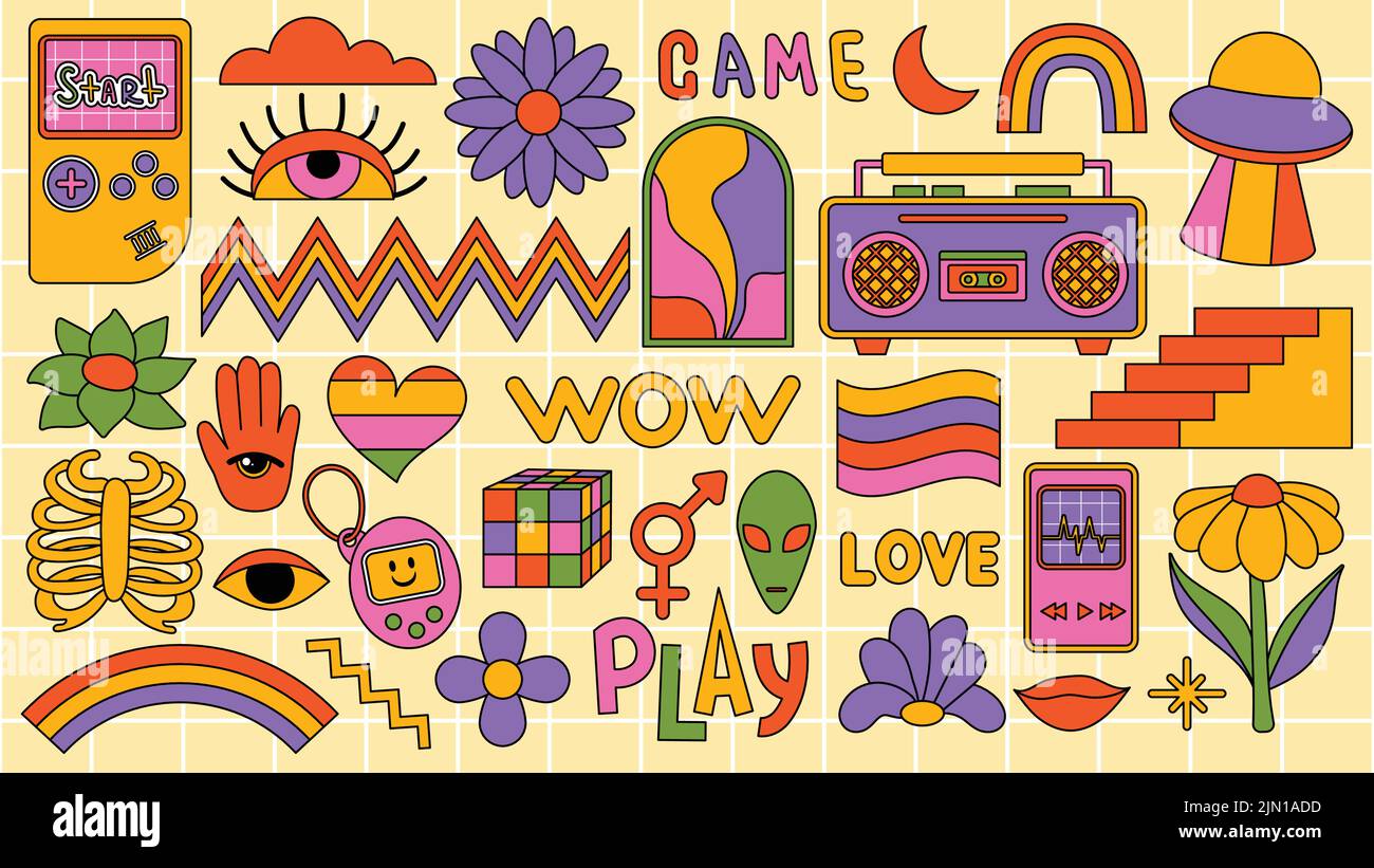 Set di hipster retrò cool elementi psichedelici. Collection sticker of grovy clipart from the 70s 60s. Collage con atmosfera pop alla moda e funky Illustrazione Vettoriale