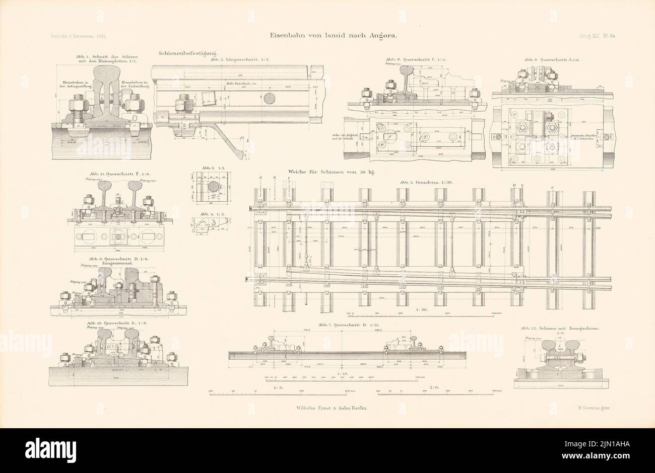 N.N., Ferrovia da Ismid ad Angora. (Da: Atlas alla rivista for Building, ed. V. Ministero del lavoro pubblico, Jg. 41, 1891) (1891-1891): pianta del pavimento, tagli e rotaie. Pressione su carta, 30,3 x 46,3 cm (compresi i bordi di scansione) N. : Eisenbahn von Ismid nach Angora. (Aus: Atlas zur Zeitschrift für Bauwesen, hrsg. v. Ministerium der öffentlichen Arbeiten, Jg. 41, 1891) Foto Stock