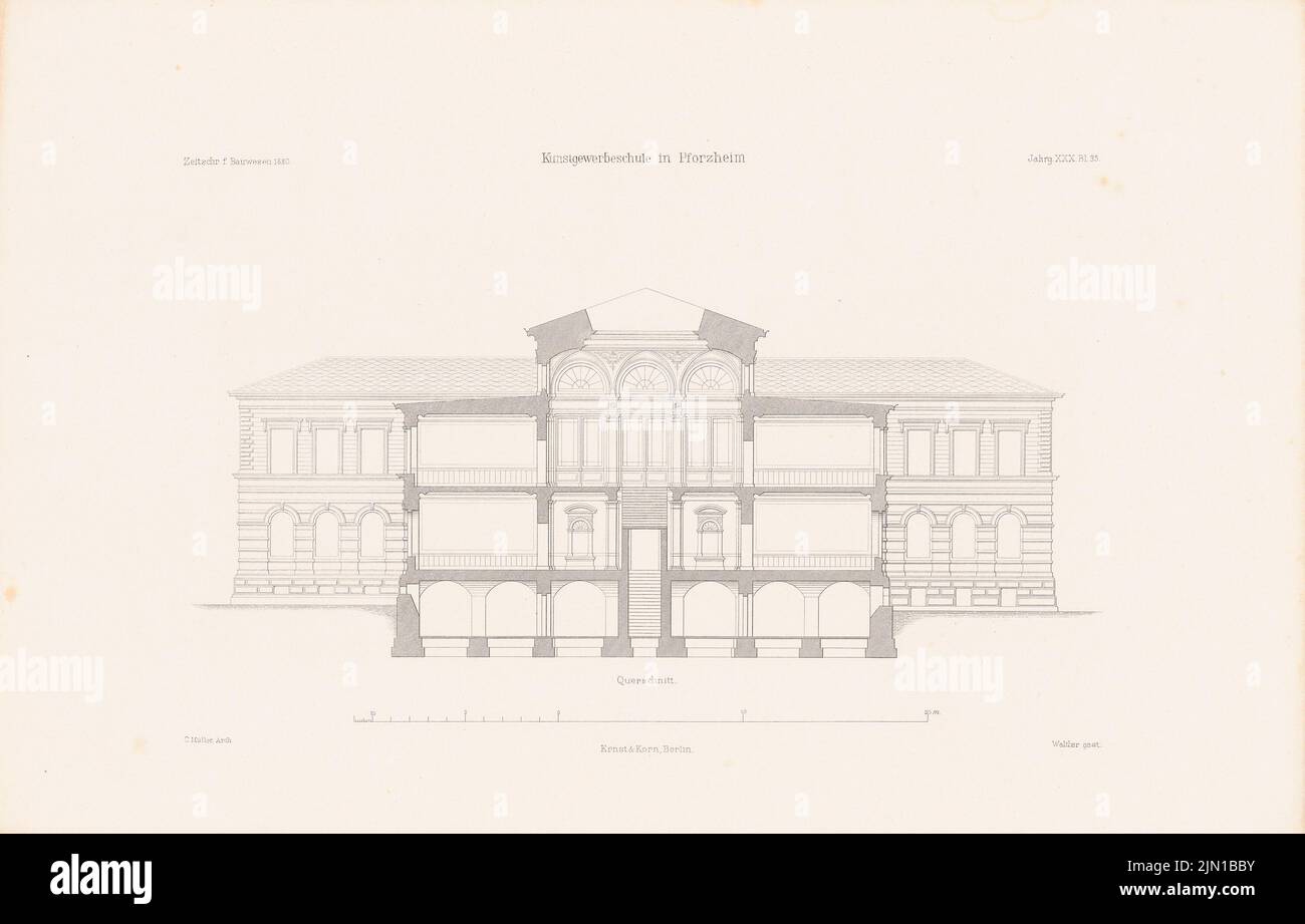 Müller Carl, Scuola d'Arte, Pforzheim. (Da: Atlas alla rivista for Building, ed. V. G. Erbkam, Jg. 30, 1880) (1880-1880): sezione trasversale. Cucire su carta, 29,3 x 45,9 cm (compresi i bordi di scansione) Müller Carl : Kunstgewerbeschule, Pforzheim. (Aus: Atlas zur Zeitschrift für Bauwesen, hrsg. v. G. Erbkam, Jg. 30, 1880) Foto Stock