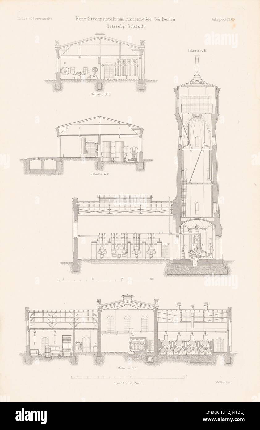 N.N., Punny carcery Plötzensee, Berlino-Charlottenburg. (Da: Atlas alla rivista for Building, ed. V. G. Erbkam, Jg. 30, 1880) (1880-1880): Taglio, taglio CD, taglio EF, taglio GH costruzione di società. Cucire su carta, 45,6 x 29,6 cm (compresi i bordi di scansione) Spieker Paul (1826-1896): Strafgefängnis Plötzensee, Berlino-Charlottenburg. (Aus: Atlas zur Zeitschrift für Bauwesen, hrsg. v. G. Erbkam, Jg. 30, 1880) Foto Stock