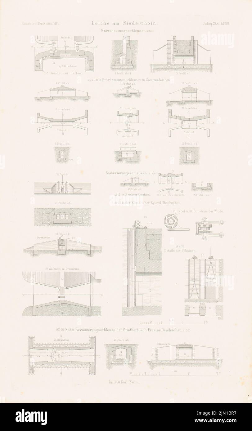 N.N., dike sul basso Reno. (Da: Atlas alla rivista for Building, ed. V.F. Endell, Jg. 31, 1881) (1881-1881): planimetrie, tagli, dettagli. Pressione su carta, 45,3 x 28,3 cm (compresi i bordi di scansione) N. : Deiche am Niederrhein. (Aus: Atlas zur Zeitschrift für Bauwesen, hrsg. v. F. Endell, Jg. 31, 1881) Foto Stock