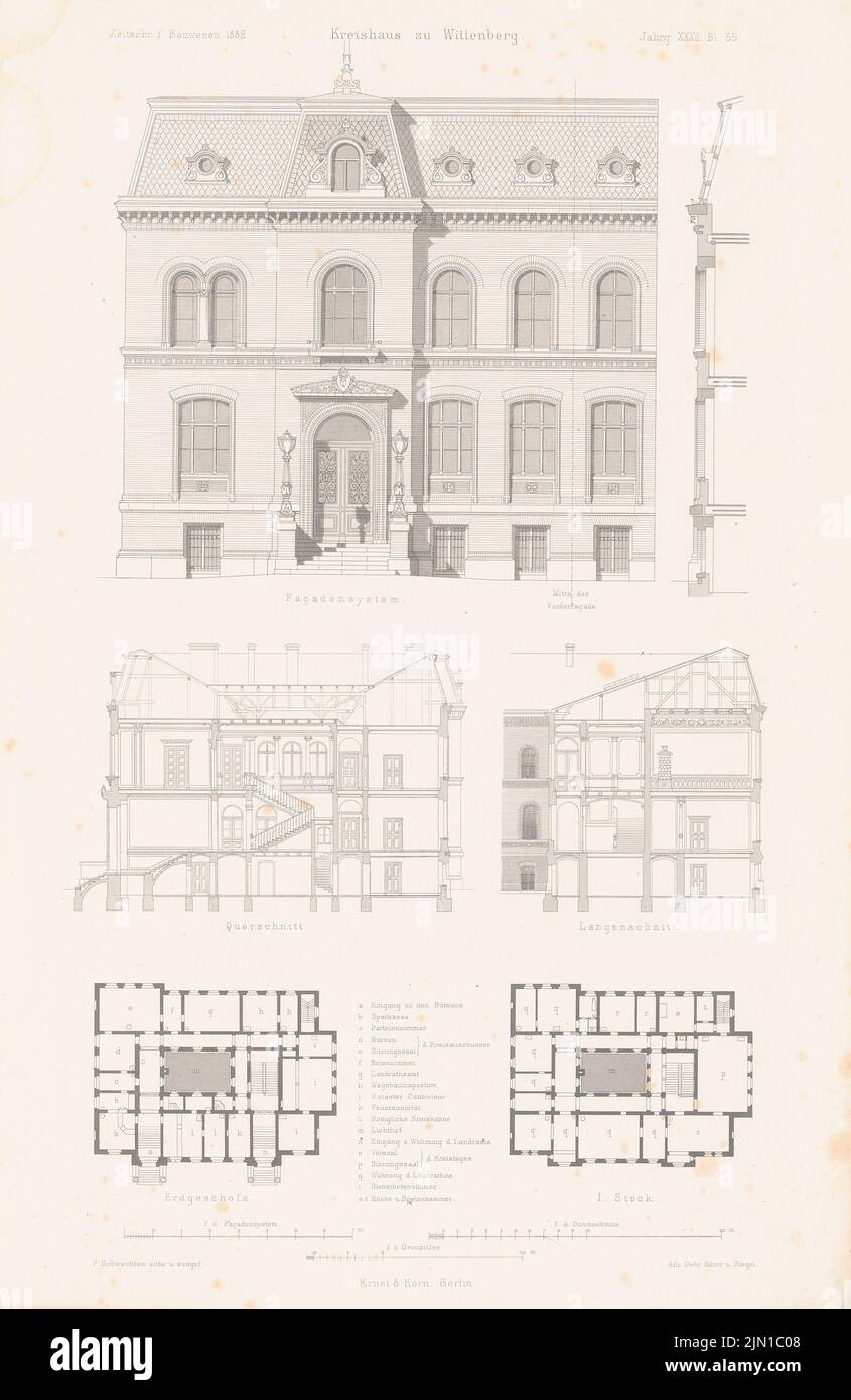 Schwechten Franz (1841-1924), casa di distretto, Wittenberg. (Da: Atlas alla rivista for Building, ed. V. G. Erbkam, Jg. 32, 1882) (1882-1882): Grundriss EG, piano 1st, vista, sezione trasversale, sezione longitudinale. Pressione su carta, 45,3 x 29,4 cm (compresi i bordi di scansione) Schwechten Franz (1841-1924): Kreishaus, Wittenberg. (Aus: Atlas zur Zeitschrift für Bauwesen, hrsg. v. G. Erbkam, Jg. 32, 1882) Foto Stock