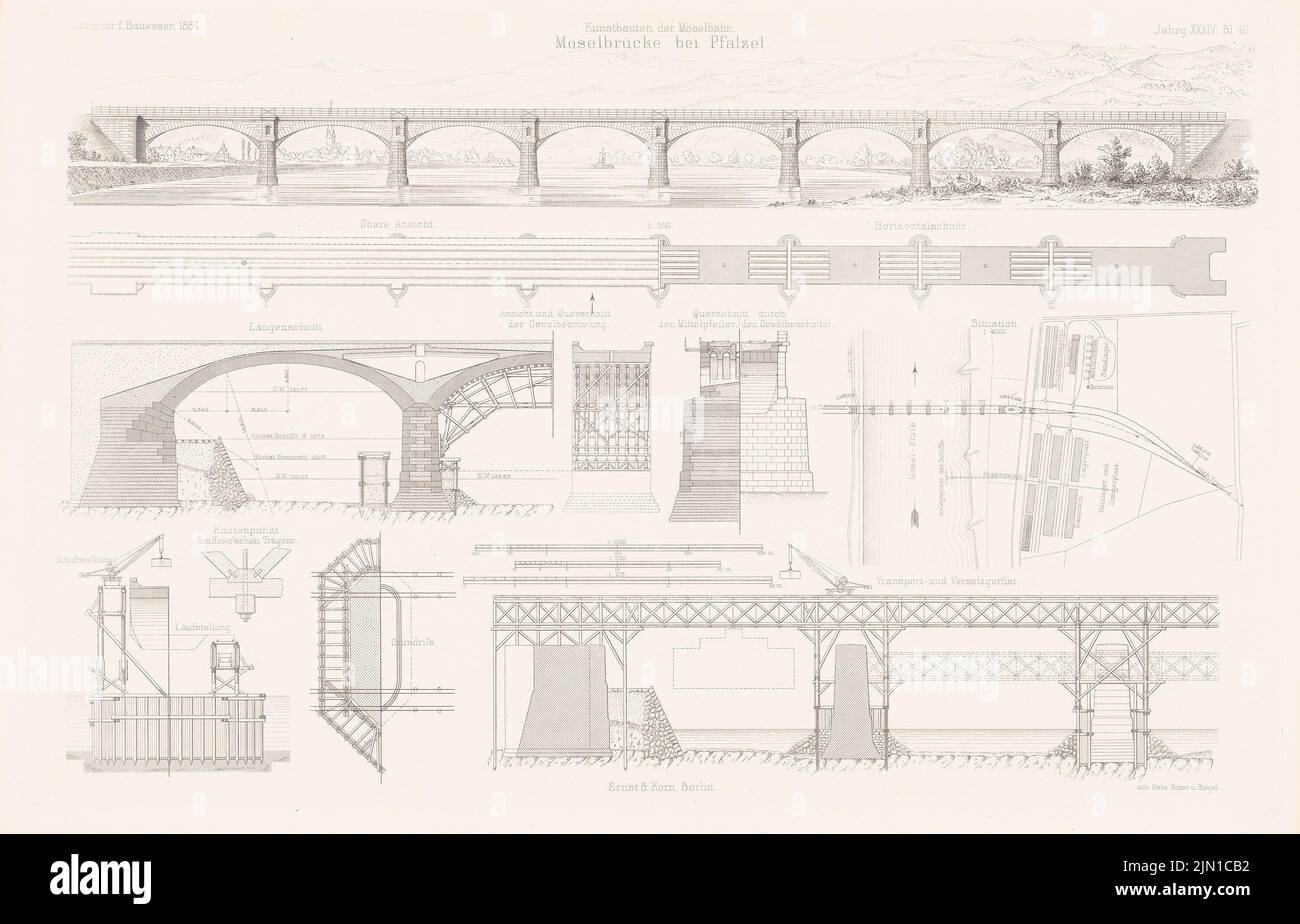 N.N., Ponte della Mosella, Palatinato. (Da: Atlas alla rivista for Building, ed. V. G. Erbkam, Jg. 34, 1884.) (1884-1884): pianta del sito, planimetrie, viste, tagli, dettagli. Pressione su carta, 29,4 x 45,9 cm (compresi i bordi di scansione) N. : Moselbrücke, Pfalzel. (Aus: Atlas zur Zeitschrift für Bauwesen, hrsg. v. G. Erbkam, Jg. 34, 1884) Foto Stock