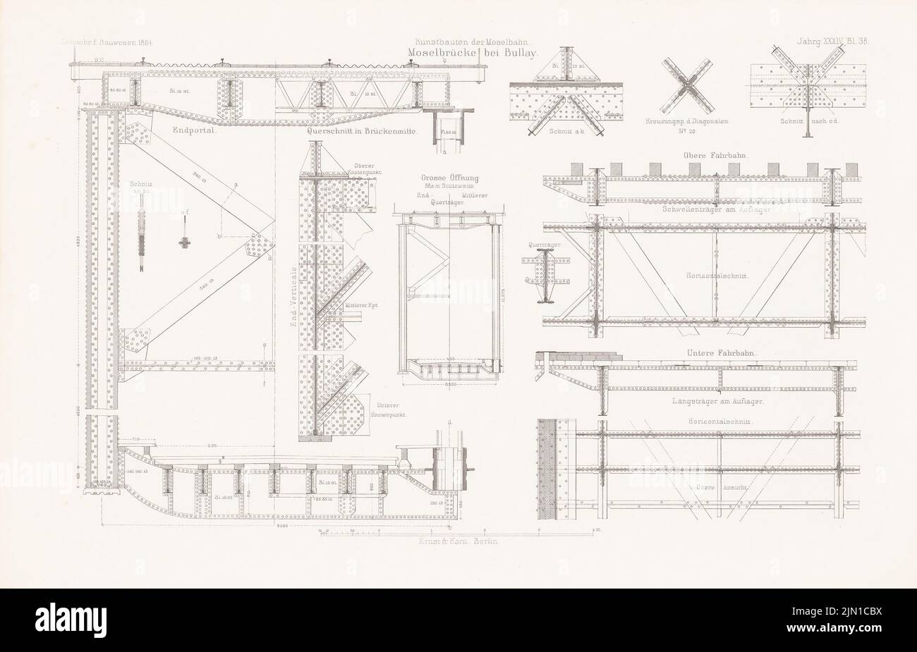 N.N., Ponte della Mosella, Bullay. (Da: Atlas alla rivista for Building, ed. V. G. Erbkam, Jg. 34, 1884.) (1884-1884): Dettagli. Cucire su carta, 29,2 x 45,4 cm (compresi i bordi di scansione) N. : Moselbrücke, Bullay. (Aus: Atlas zur Zeitschrift für Bauwesen, hrsg. v. G. Erbkam, Jg. 34, 1884) Foto Stock