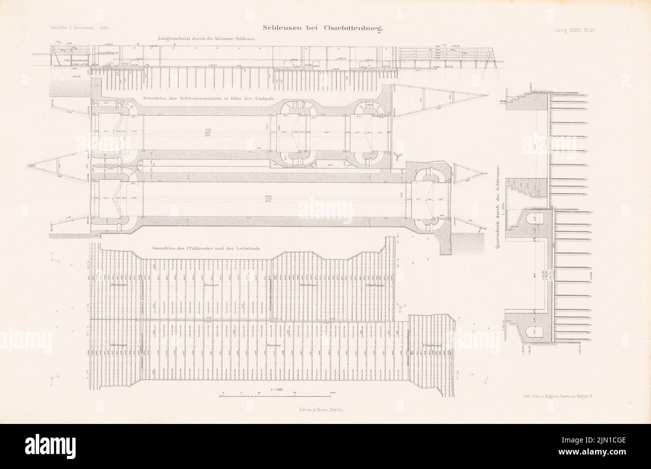 N.N., Schleusen, Berlino-Charlottenburg. (Da: Atlas alla rivista for Building, ed. V. L.V.V., tiemann, Jg. 36, 1886) (1886-1886): Grundrisse, tagli. Litografia su carta, 29,9 x 45,8 cm (compresi i bordi di scansione) N. : Schleusen, Berlino-Charlottenburg. (Aus: Atlas zur Zeitschrift für Bauwesen, hrsg. v. L.v.Tiedemann, Jg. 36, 1886) Foto Stock