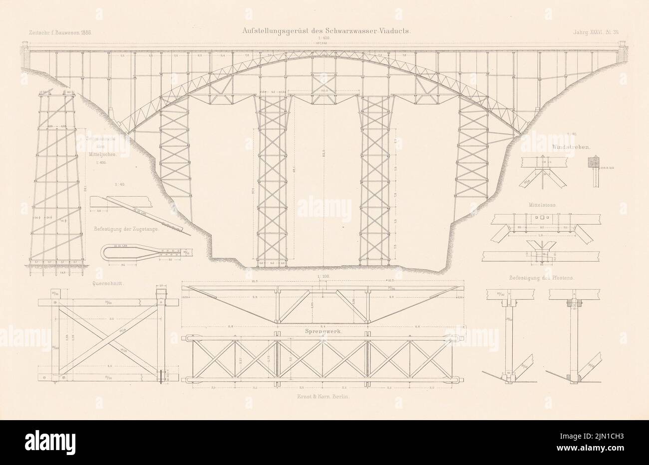 N.N., Viadotto Blackwater. (Da: Atlas alla rivista for Building, ed. V. L.V.V., TIEDEMANN, Jg. 36, 1886) (1886-1886): Visualizzazione, tagli, dettagli. Cucire su carta, 29,7 x 45,8 cm (compresi i bordi di scansione) N. : Schwarzwasser-Viadukt. (Aus: Atlas zur Zeitschrift für Bauwesen, hrsg. v. L.v.Tiedemann, Jg. 36, 1886) Foto Stock