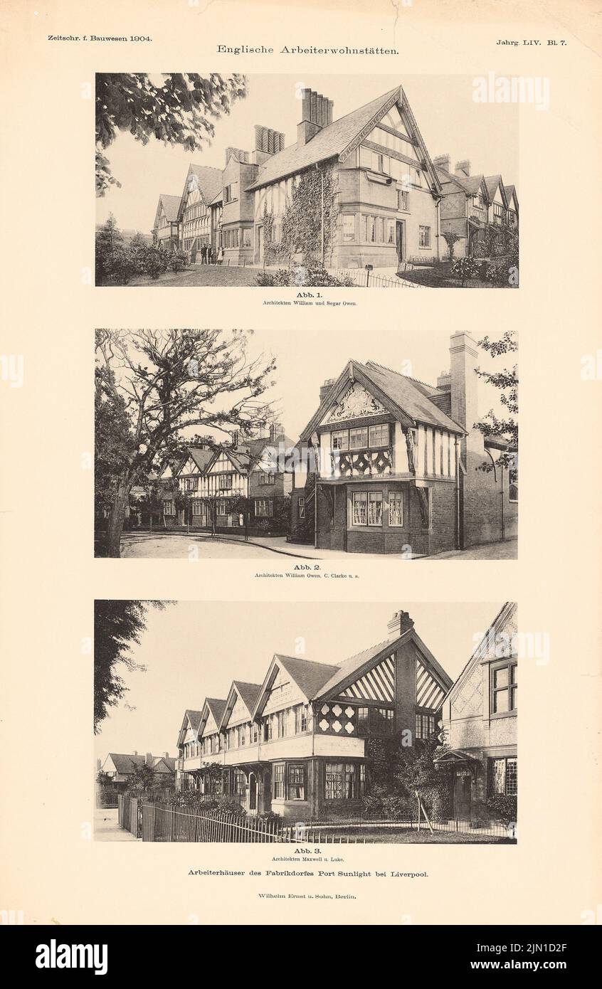 Owen Segar, Owen William, Fabrikdorf, Port Sunlight. (Da: Atlas alla rivista for Building, ed. V. Ministero del lavoro pubblico, Jg. 54, 1904) (1904-1904): Vedute dei lavoratori. Leggera pressione sulla carta, 45,7 x 29,7 cm (compresi i bordi di scansione) Owen Segar, Owen William: Fabrikdorf, luce solare del porto. (Aus: Atlas zur Zeitschrift für Bauwesen, hrsg. v. Ministerium der öffentlichen Arbeiten, Jg. 54, 1904) Foto Stock