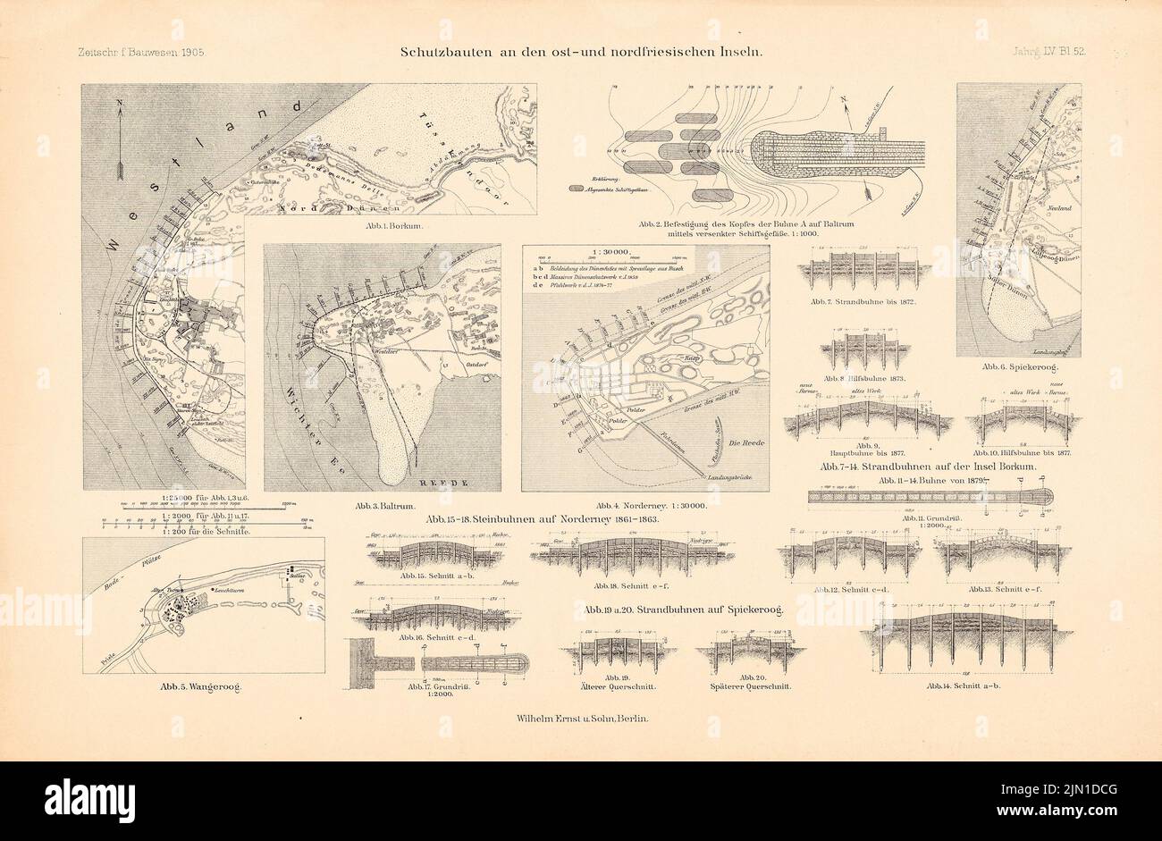 N.N., edifici protettivi delle Isole Frisone Nord e Est. (Da: Atlas alla rivista per l'edilizia, ed. V. Ministero del lavoro pubblico, nato nel 55, (1905-1905): Piani di localizzazione, tagli su carta, 29,9 x 45,6 cm (incl Scansione bordi) N. : Schutzbauten an den Nord- und Ostfriesischen Inseln. (Aus: Atlas zur Zeitschrift für Bauwesen, hrsg. v. Ministerium der öffentlichen Arbeiten, Jg. 55, 1905) Foto Stock