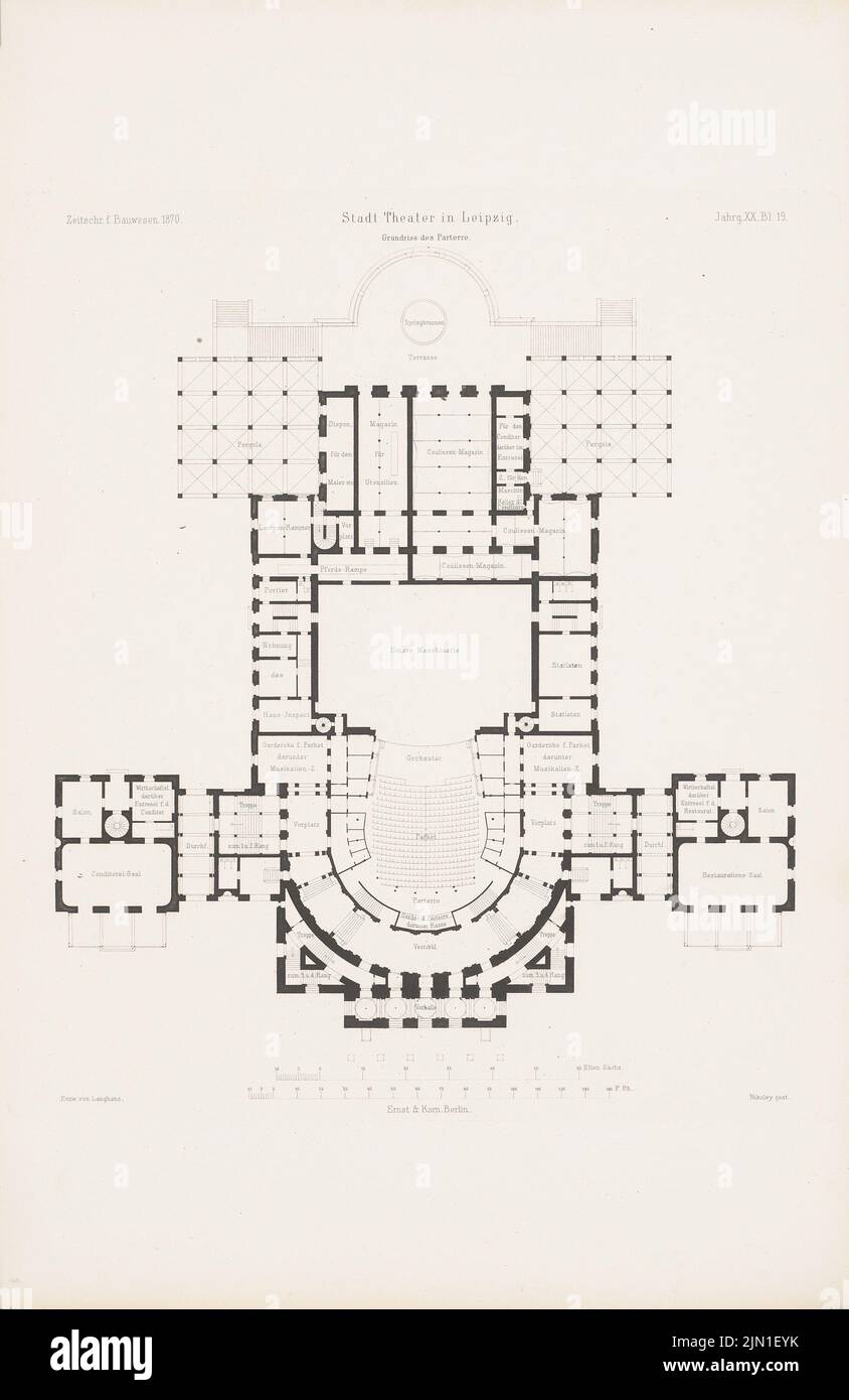 Langhans Carl Ferdinand (1782-1869), Stadttheater, Lipsia. (Da: Atlas alla rivista for Building, ed. V. G. Erbkam, Jg. 20, 1870.) (1870-1870): Grundriss ad es. Cucire su carta, 44,1 x 28,6 cm (compresi i bordi di scansione) Langhans Carl Ferdinand (1782-1869): Stadttheater, Lipsia. (Aus: Atlas zur Zeitschrift für Bauwesen, hrsg. v. G. Erbkam, Jg. 20, 1870) Foto Stock