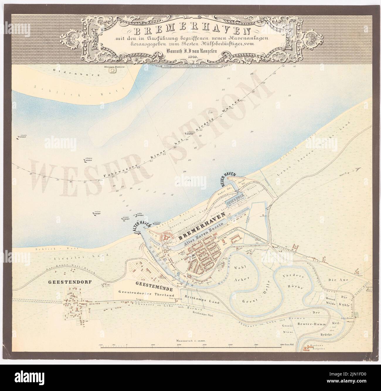 N.N., MAP Bremerhaven (1849): Mappa 1: 10000, con nuovi impianti portuali. Stampa a colori su carta, 40,4 x 42,2 cm (inclusi i bordi di scansione) N. : Karte Bremerhaven Foto Stock