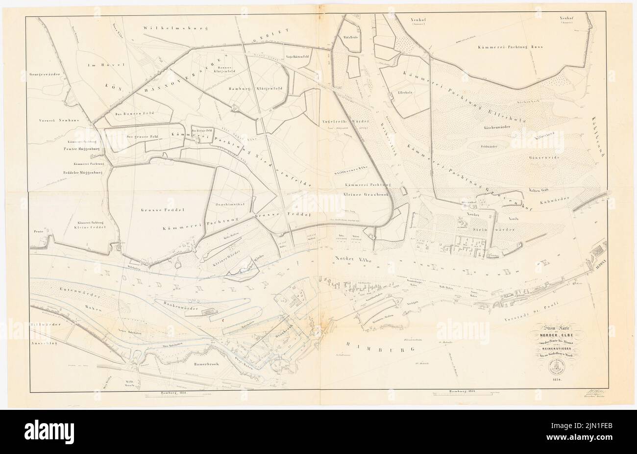 N.N., carta elettrica del norder-anziano da Peute ad Altona e dei Reiherstieges al cantiere di Godefroy, Amburgo (1854): Mappa. Pressione su carta, 68,7 x 106,7 cm (compresi i bordi di scansione) N. : Stromkarte der norder-Elbe von der Peute bis Altona und des Reiherstieges bis zu Godefroys Werft, Amburgo Foto Stock