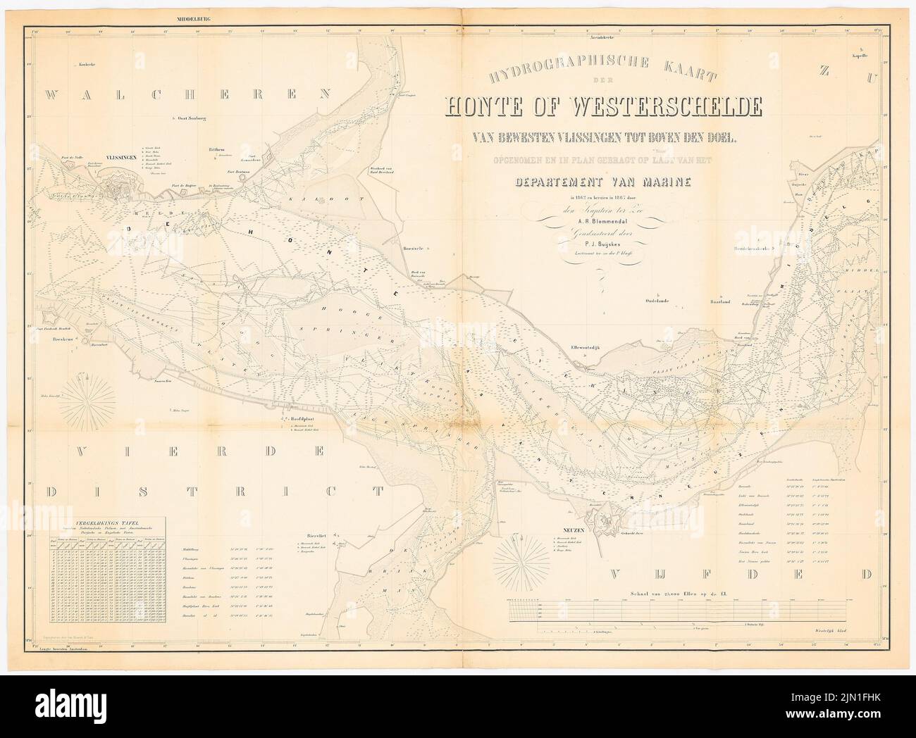 N.N., carta idrografica di Zeeland (1867): Seekarte del fairway Westerschelde, barra di scala. Pressione su carta, 94,2 x 127,8 cm (compresi i bordi di scansione) N. : Hydrografische Karte von Zeeland Foto Stock