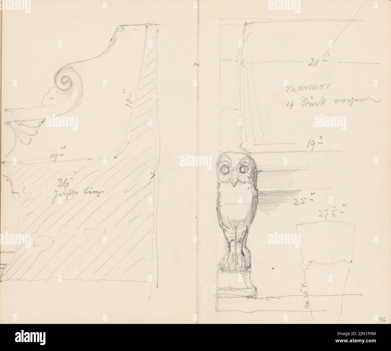 Gropius Martin (1824-1880), album di disegno 4: Schizzi di viaggio da Atene, Venezia e Padova: Panchina, Atene (senza data): Vista laterale, dettaglio. Matita su carta, 16,3 x 19,6 cm (compresi i bordi di scansione) Gropius Martin (1824-1880): Skizzenalbum 4: Reiseskizzen aus Athen, Venedig und Padova: Sitzbank, Athen Foto Stock