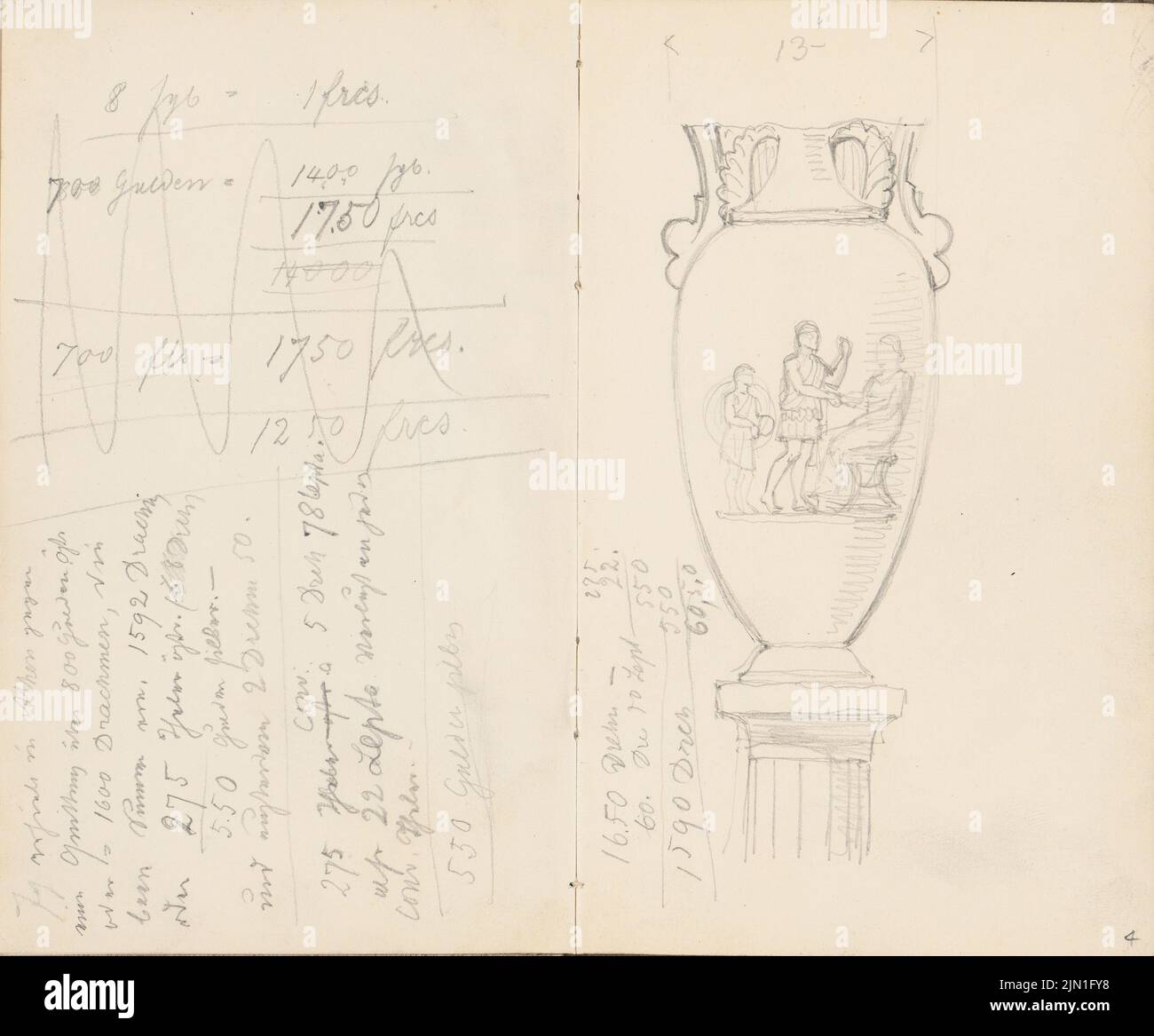Gropius Martin (1824-1880), album di disegno 4: Schizzi di viaggio da Atene, Venezia e Padova: Testo. Vaso, Atene (senza data): Testo, visualizza vaso. Matita su carta, 16,4 x 19,8 cm (compresi i bordi di scansione) Gropius Martin (1824-1880): Skizzenalbum 4: Reiseskizzen aus Athen, Venedig und Padova: Testo. Vaso, Athen Foto Stock