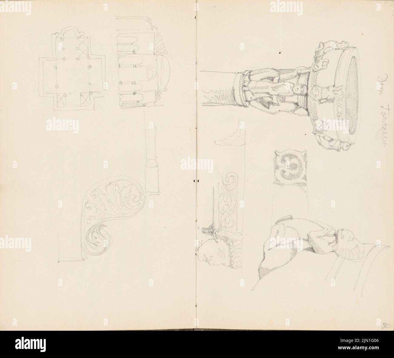Gropius Martin (1824-1880), album di disegno 4: Schizzi di viaggio da Atene, Venezia e Padova: S. Fosca, Torcello. Dom S. Maria Assunta, Torcello (senza dat.): Pianta del pavimento, taglio, dettaglio S. Fosca, vista bacino battesimale, dettagli S. Maria Assunta. Matita su carta, 16,4 x 19,5 cm (compresi i bordi di scansione) Gropius Martin (1824-1880): Skizzenalbum 4: Reiseskizzen aus Athen, Venedig und Padova: S. Fosca, Torcello. Dom S. Maria Assunta, Torcello Foto Stock