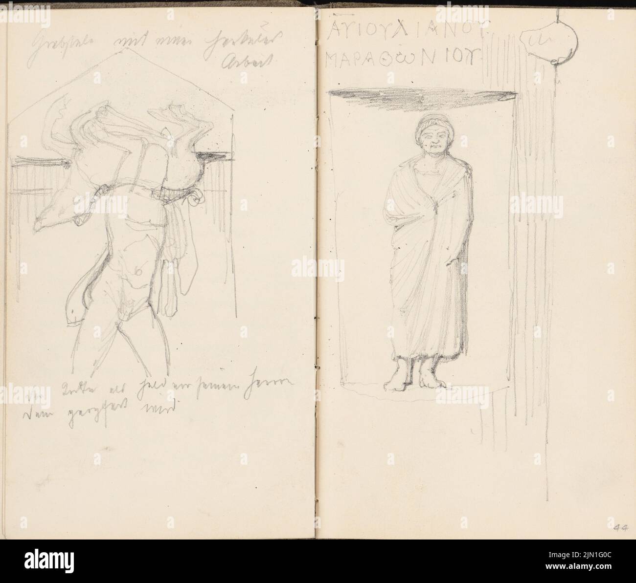 Gropius Martin (1824-1880), album di disegno 4: Schizzi di viaggio da Atene, Venezia e Padova: Tomba con un Ercole, Atene. Figura rilievo, Atene (senza data): Viste. Matita su carta, 16,6 x 19,6 cm (compresi i bordi di scansione) Gropius Martin (1824-1880): Skizzenalbum 4: Reiseskizzen aus Athen, Venedig und Padova: Grabmal mit einem Herkules, Athen. Figurensollievo, Athen Foto Stock