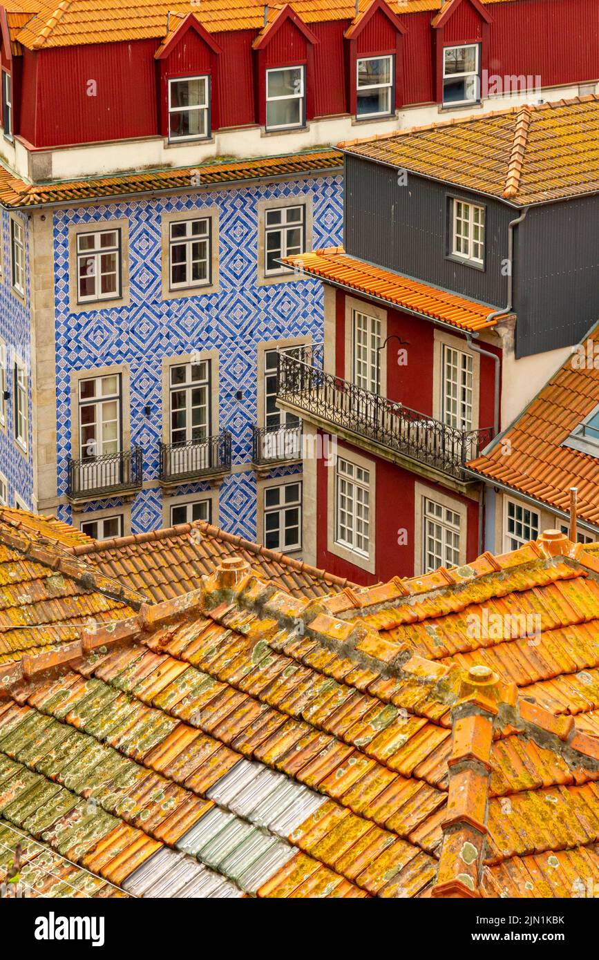 Vista sui tetti verso gli edifici nel centro di Porto, una delle principali città del Portogallo settentrionale. Foto Stock
