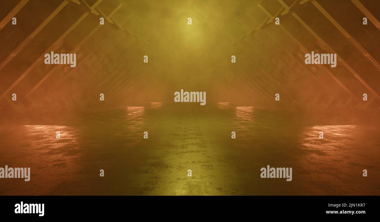 Fantasy Magical Basement Hangar Corridor Warehouse Club Dance Studio Showroom with Light and Smoke Foggy Scene Copper Brown o Yellow Banner Backgroun Foto Stock