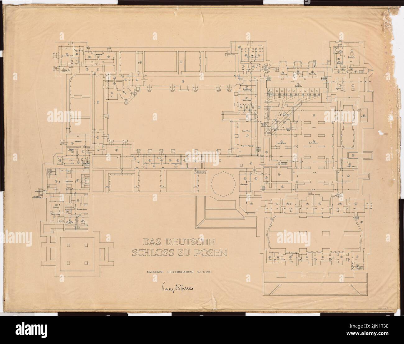 Böhmer & Petrich, Castello di Poznan, Poznan. Conversione: Pianta KG 1: 100. Inchiostro su trasparente, 107,2 x 136,9 cm (compreso il bordo di scansione). Museo dell'architettura dell'Università tecnica di Berlino Inv. N. FB 053,0233. Böhmer & Petrich : Schloss Posen, Posen. Umbau Foto Stock