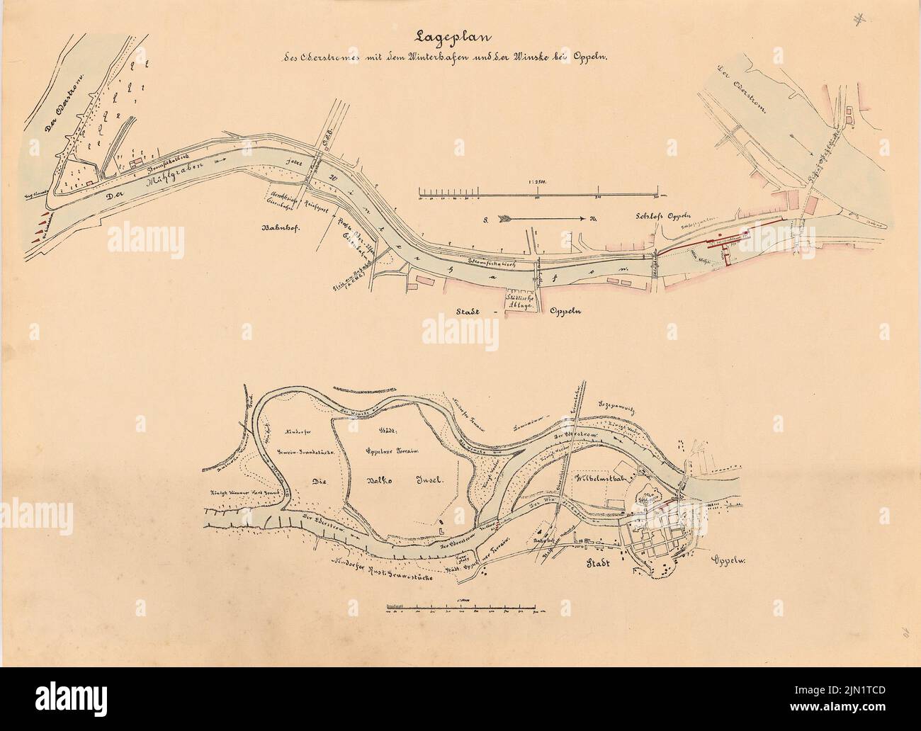 N.N., Winterhafen der Oder, Oppeln (senza dat.): Schemi 1: 2500, 1: 10000. Acquerello litografico su carta, 44,3 x 61,1 cm (compresi i bordi di scansione) N. : Winterhafen der Oder, Oppeln Foto Stock